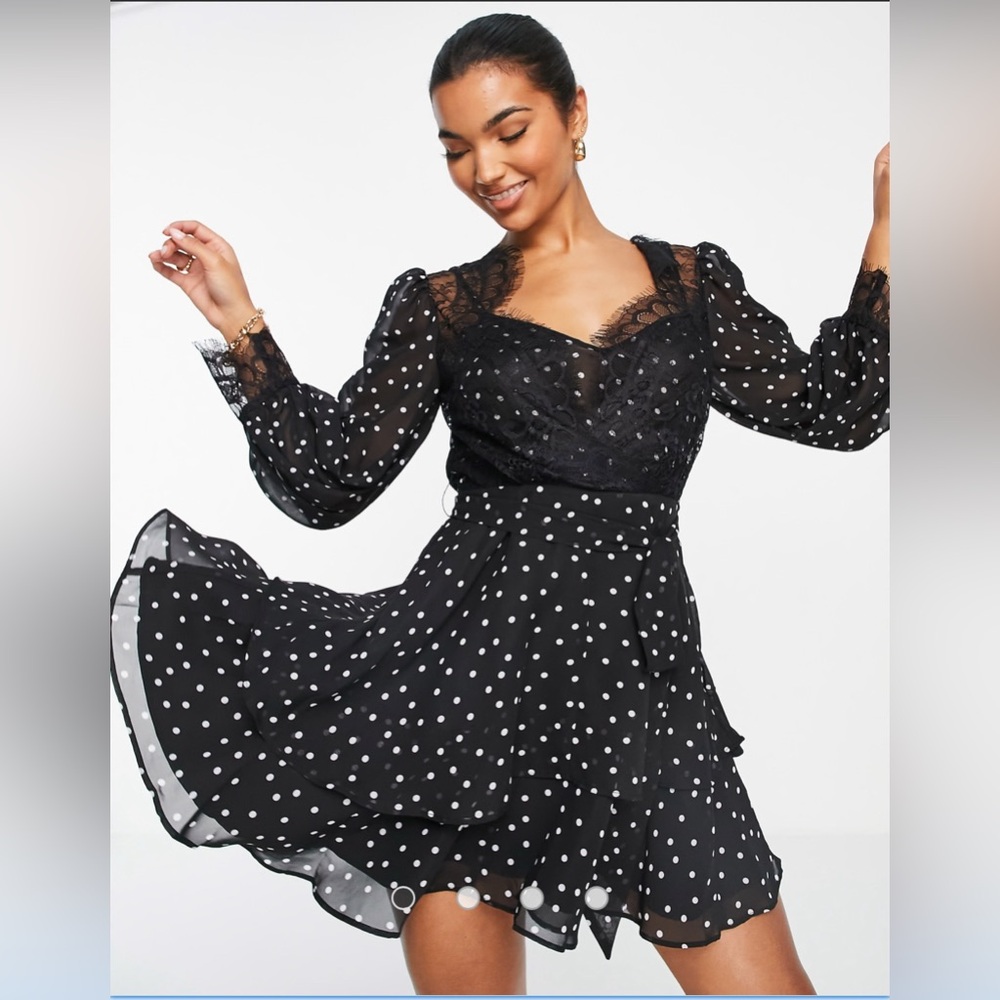 ASOS DESIGN soft mini skater dress in polka dot with eyelash lace details